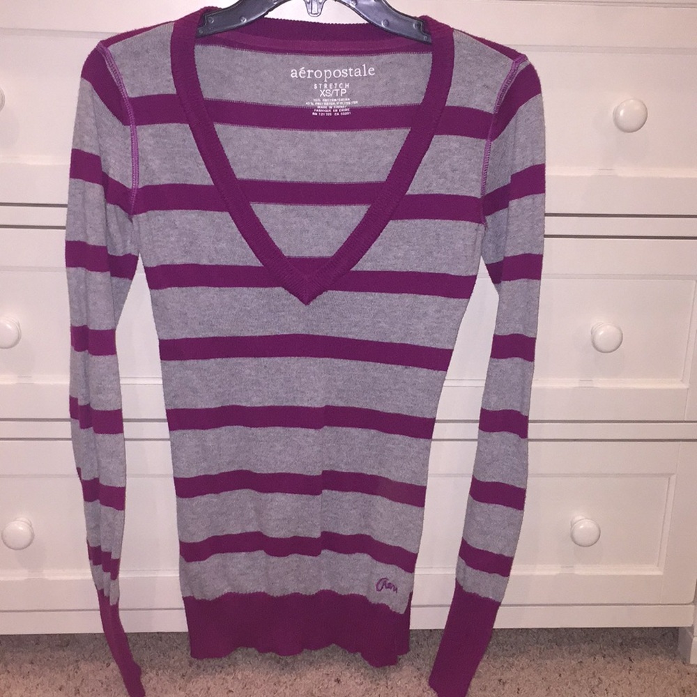 Purple and gray striped sweater
